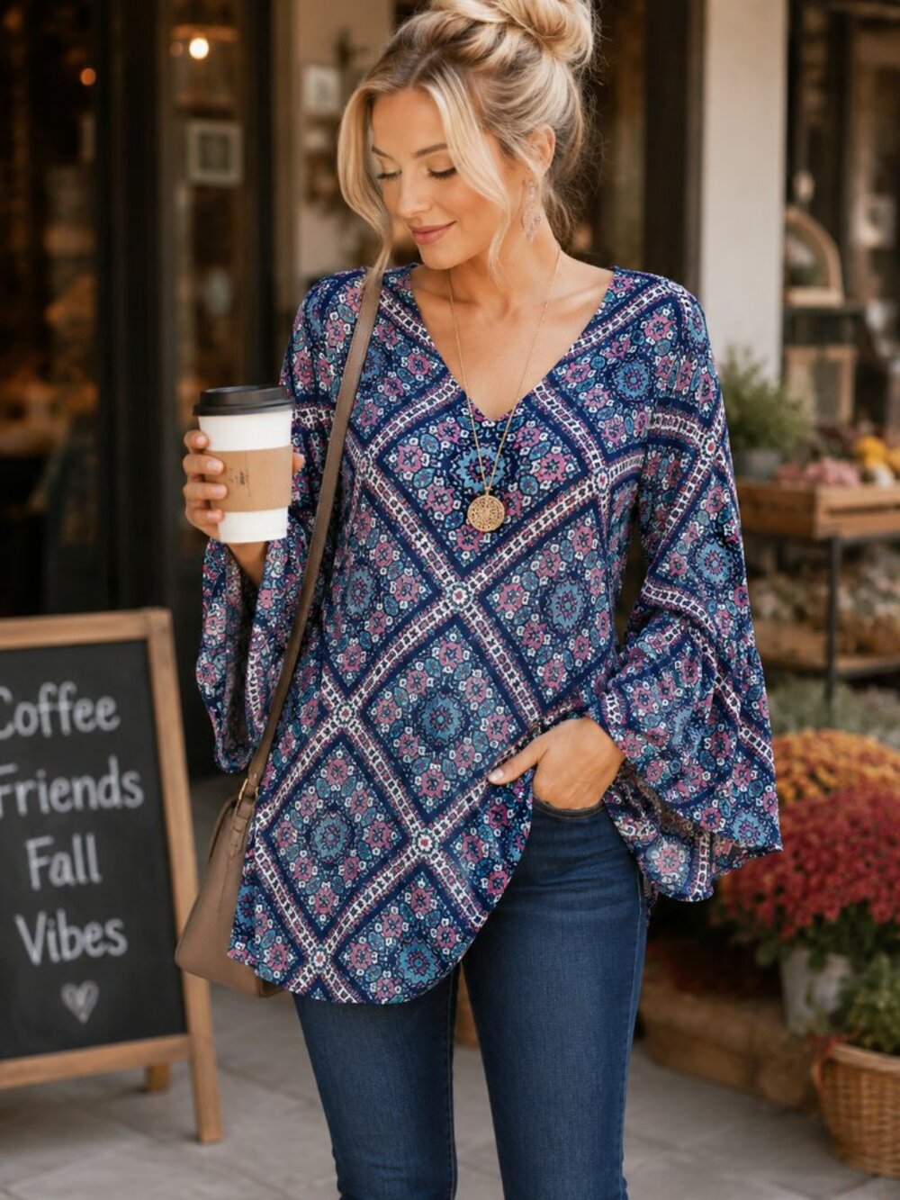 Signature Studio Boho Medallion Bell Sleeve Tunic Top Navy Pink Size L